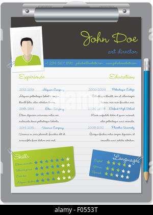 Cool curriculum vitae cv cv design avec le presse-papier et crayon Banque D'Images