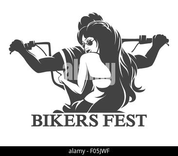 L'emblème ou le label de Bikers Festival. Jeune homme et femme conduire une motocyclette. Seulement libre police utilisée. Isolé sur fond blanc. Illustration de Vecteur