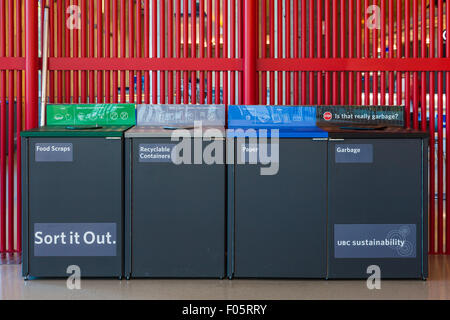 Station de recyclage moderne dans le nouveau bâtiment de l'union des étudiants à l'UBC, à Vancouver Banque D'Images