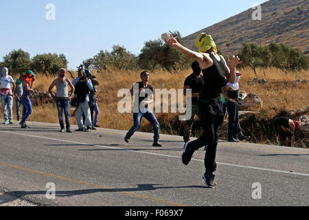 Douma, Cisjordanie, territoire palestinien. 8e août, 2015. Des manifestants palestiniens lancent des pierres vers les forces de sécurité israéliennes au cours d'affrontements sur une rue menant au village de Douma, à une manifestation à la suite des funérailles de Saad Dawabsha, le père d'un enfant palestinien tué la semaine dernière lors de leur bombe incendiaire a été accueil par des extrémistes juifs, près de la ville cisjordanienne de Naplouse, le 8 août 2015. Credit : ZUMA Press, Inc./Alamy Live News Banque D'Images