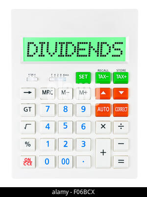 Calculatrice avec affichage sur dividendes isolé sur fond blanc Banque D'Images