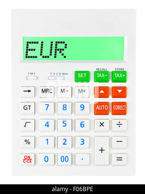 EUR Calculatrice avec sur l'affichage sur fond blanc Banque D'Images