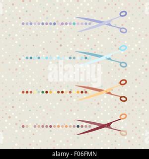 Ciseaux rétro et lignes de coupe situé sur l'arrière-plan vintage à pois Illustration de Vecteur