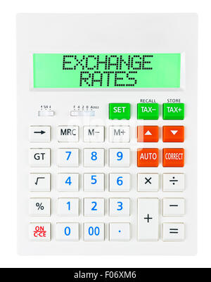 Calculatrice avec les taux de change sur l'écran sur fond blanc Banque D'Images