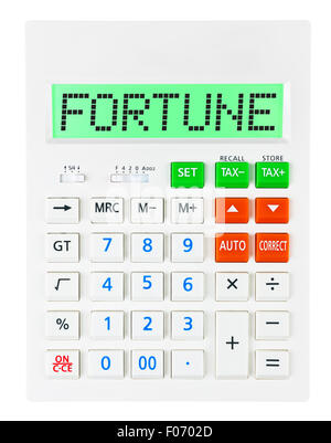 Calculatrice avec fortune sur l'affichage sur fond blanc Banque D'Images