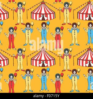 Sketch tente de cirque et clawn dans style vintage, vector pattern transparente Illustration de Vecteur