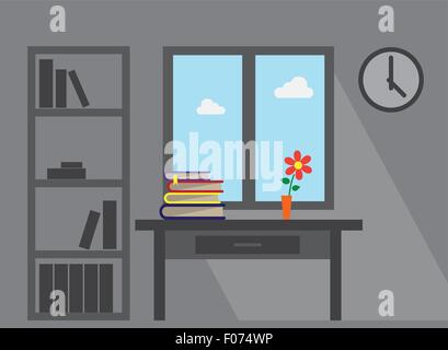 Fenêtre chambre long shadow meubles meubles de bureau table books et flower vector illustration télévision Illustration de Vecteur