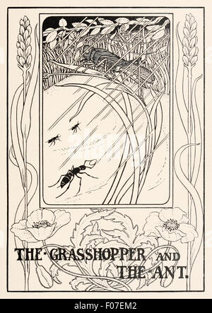 "La sauterelle et la Fourmi' fable d'Ésope (vers 600 avant JC). Alors qu'une fourmi sauterelle frolicked nourriture entreposée pour l'hiver. Quand vint l'hiver le Grasshopper a souffert de la faim. Moral : préparer l'avenir. Illustration par Percy J. Billinghurst. Voir la description pour plus d'informations. Banque D'Images