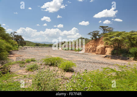 Un lit de rivière vide entre Marigat et lac Baringo au Kenya durant la saison sèche Banque D'Images