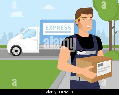 Service de livraison avec un homme fort dans ses mains Illustration de Vecteur