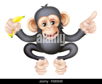 Cartoon singe chimpanzé comme mascotte personnage tenant une banane et de pointage Banque D'Images