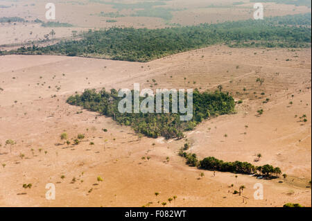 L'État de Mato Grosso. Vue aérienne de l'agriculture avec petit coeur de réserves forestières entre Cuiaba et Alta Floresta. Banque D'Images