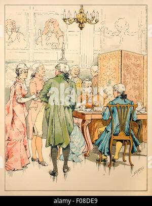 Frontipiece montrant mesdames et messieurs en prenant le thé. Illustration par Josephine Pollard (1834-1892). Voir la description pour plus d'informations. Banque D'Images