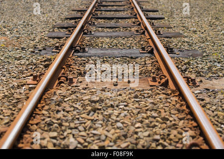 Portrait de rails sur traverses en bois entouré par pierre couvrant. Banque D'Images