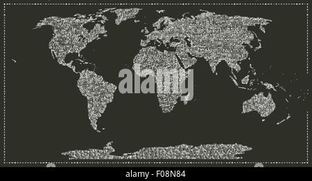 Carte du monde faite avec nom continent en caractères machine. blanc sur fond noir Banque D'Images