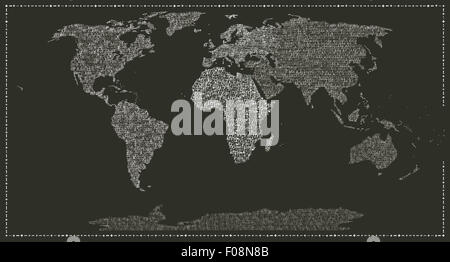 Carte du monde faite avec nom continent en caractères machine. Échelle de gris sur fond noir Banque D'Images