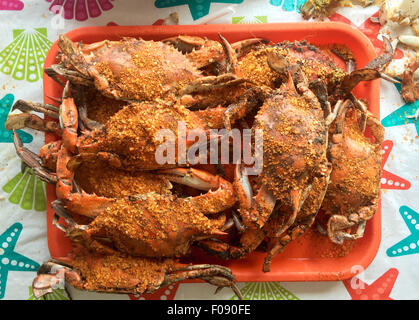 Maryland fraîchement pêché des crabes couverts à Old Bay les épices et le sel à la Mer Prix à Havre de Grace, Maryland. Banque D'Images