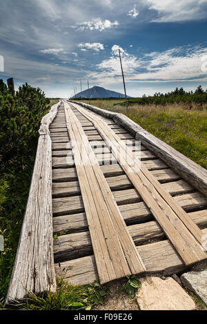 Paysage avec passerelle en bois, sentier de montagne dans le parc national, Pec pod Snezkou Krkonose République Tchèque, Banque D'Images