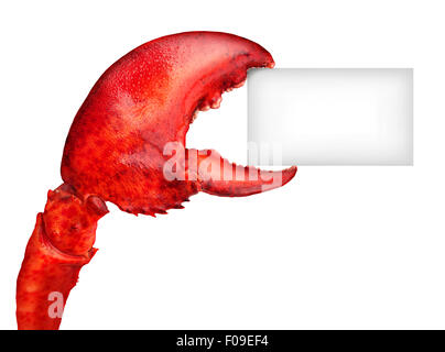 Lobster claw tenant une carte vierge signe en tant que message de fruits de mer frais ou de mollusques food concept avec un crustacé shell rouge isolé sur fond blanc. Banque D'Images