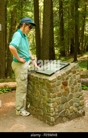 Conseil d'interprétation du site Arborescence Mullan, Mullan Road Site historique au col du 4 juillet, Coeur d'Alene National Forest, North Carolina Banque D'Images