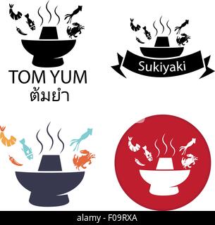 Tom Yum, Sukiyaki ,pot chaud épicé icône logo Illustration de Vecteur