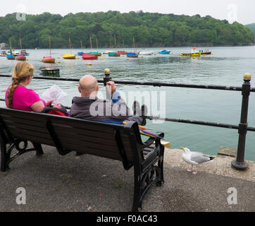 Un goéland argenté à la recherche de nourriture à côté d'un homme et d'une femme assise à côté de l'estuaire de Fowey, Cornwall, England, UK Banque D'Images