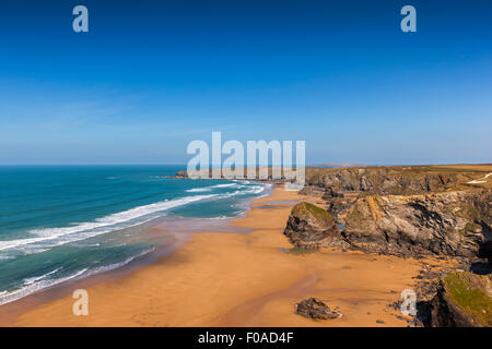 Bedruthan steps sur une très basse marée, Cornwall, Angleterre, @ Barry Bateman Banque D'Images