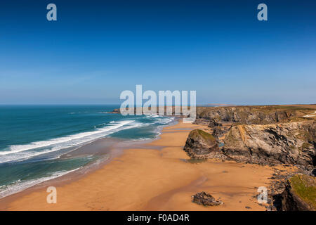 Bedruthan steps sur une très basse marée, Cornwall, Angleterre, @ Barry Bateman Banque D'Images