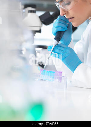 Female scientist pipetting échantillon dans un flacon pour contrôles analytiques dans un laboratoire Banque D'Images