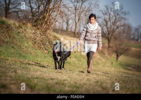 Mid adult woman promener son chien dans le champ Banque D'Images