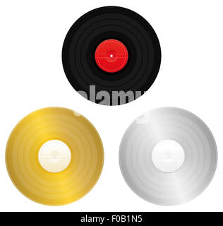 Records - noir, or, argent ou platine pour accorder ou de certification. Illustration sur fond blanc. Banque D'Images