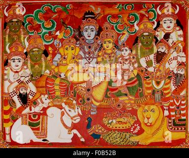 La peinture murale de Seigneur Shiva en famille, sur toile Banque D'Images