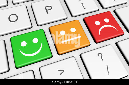 La qualité du service d'affaires, évaluation et commentaires des clients clés de l'enquête avec visage souriant symbole et icône de clavier d'ordinateur. Banque D'Images