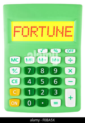 Calculatrice avec fortune sur l'affichage sur fond blanc Banque D'Images