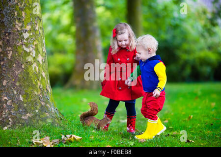 Kids feeding écureuil dans le parc de l'automne. Petit garçon et fille en robe rouge et des bottes de pluie regarder les animaux sauvages dans la forêt d'automne Banque D'Images