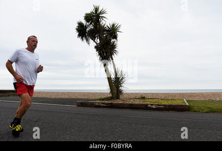 Worthing Sussex UK Jeudi 12 août 2015 - un coureur masculin passe par un palmier le long sur un autre front de Worthing ennuyeuse journée d'été ce matin avec plus de mauvaises prévisions météorologiques pour la côte sud au cours des prochains jours Banque D'Images