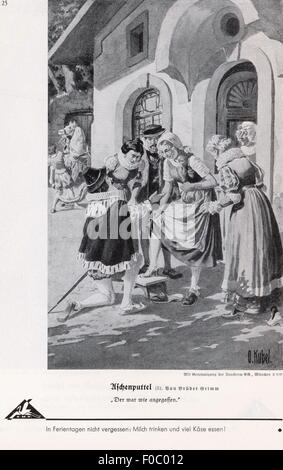 Littérature, contes de fées, frères Grimm, 'Cendrillon', Cendrillon essayant la chaussure, illustration par Otto Kubel (1868 - 1951), de: 'Bilderatlas zu den bayerischen Lesebüchern' (Atlas de photos des Storybooks bavarois), 1er numéro, Clearfée, rédacteur: Bayerische Milchorgung, Nuremberg, Bruckmann-30s, AG-Fverslate, Munich-Fversches-Fürth-AG, non disponible Banque D'Images