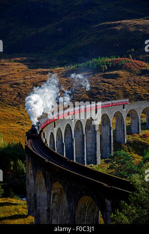 Passage du Train à vapeur jacobite, viaduc de Glenfinnan, Lochaber, Ecosse, Royaume-Uni Europe Côte Ouest des chemins de fer, route de Fort William Banque D'Images