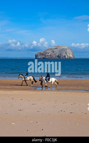 Les cavaliers sur la plage d'East Lothian avec Bass Rock en arrière-plan l'Ecosse UK Banque D'Images