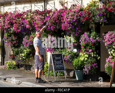 Locateur Bryn Masterman paniers suspendus eaux à l'extérieur de l'ancien château pub à Bridgnorth, Shropshire, Angleterre : Mercredi 12 août 2015. Crédit : John Hayward/Alamy Live News Banque D'Images