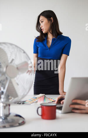 Young businesswoman giving presentation at desk Banque D'Images