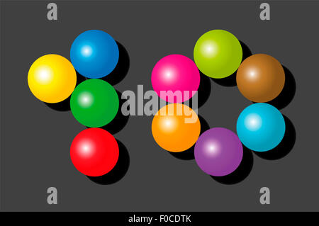 Numéro 10 composé d'exactement dix éléments colorés comme des billes, des perles ou boules - illustration sur fond gris. Banque D'Images