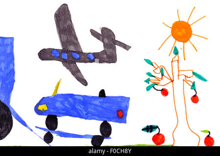 Dessin de l'enfant. avion, voiture, arbre, soleil. cargo Banque D'Images