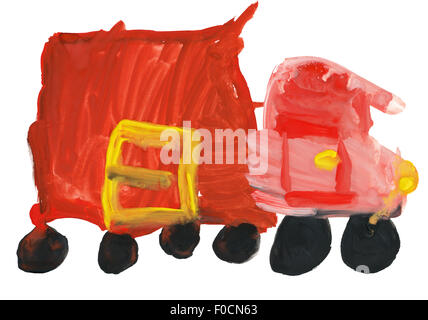 Dessin d'enfant à l'aquarelle. Camion jouet rouge Banque D'Images