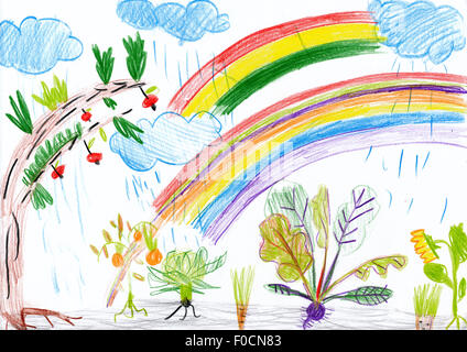 Paysage avec arc-en-ciel. dessin d'enfant. Banque D'Images
