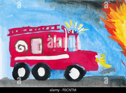 Camion à incendie. dessin d'enfant. Banque D'Images