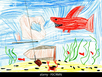 Monde sous-marin. dessin d'enfant. épave,trésor,requins Banque D'Images