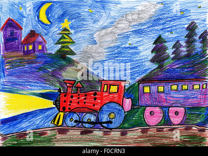 Train de nuit. dessin d'enfant sur papier Banque D'Images