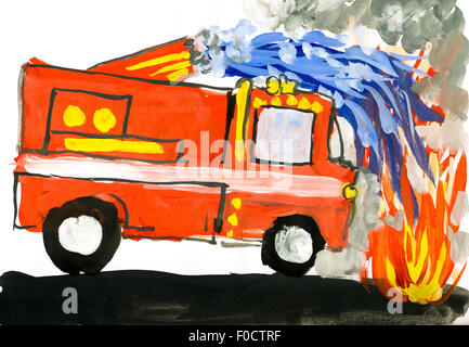 Camion à incendie. dessin enfant aquarelle. Banque D'Images
