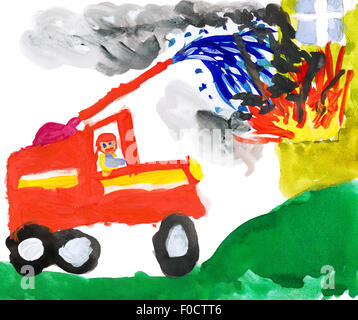 Camion à incendie éteint le feu. enfant aquarelle dessin. Banque D'Images